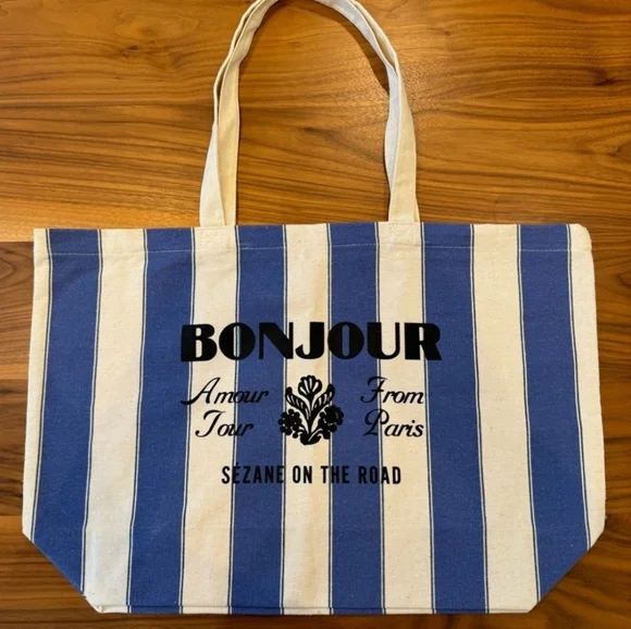 New Sézane Striped Canvas Tote Bag Blue Cream French Bonjour - Picture 3 of 4